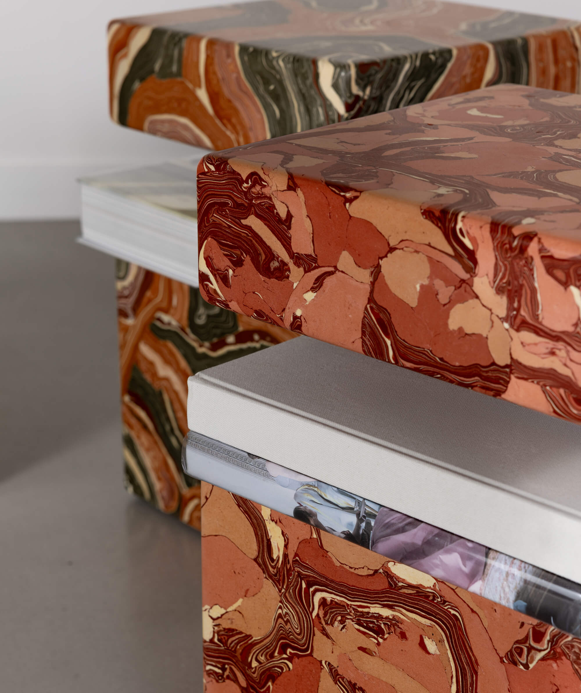 Close up of marble pattered sculptural blocks